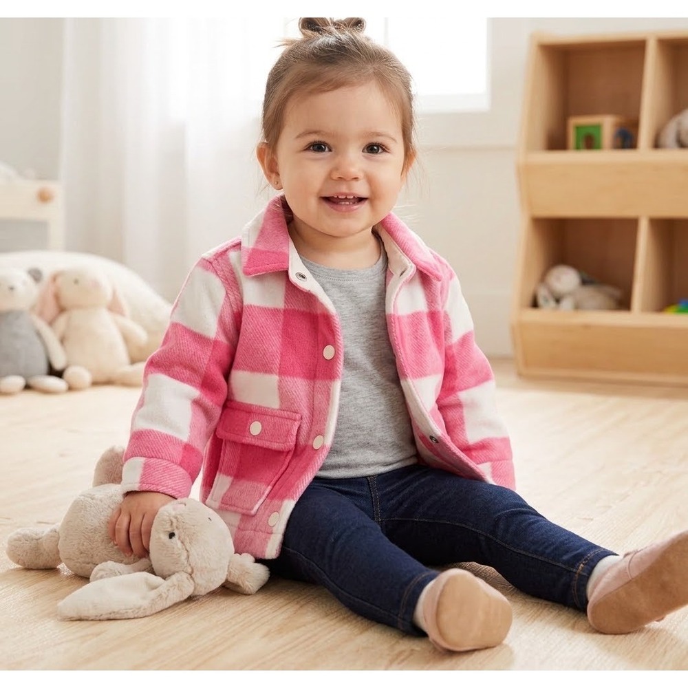 Old Navy Toddler Girls Pink White Buffalo Plaid Shirt Jacket Shacket 18-24M